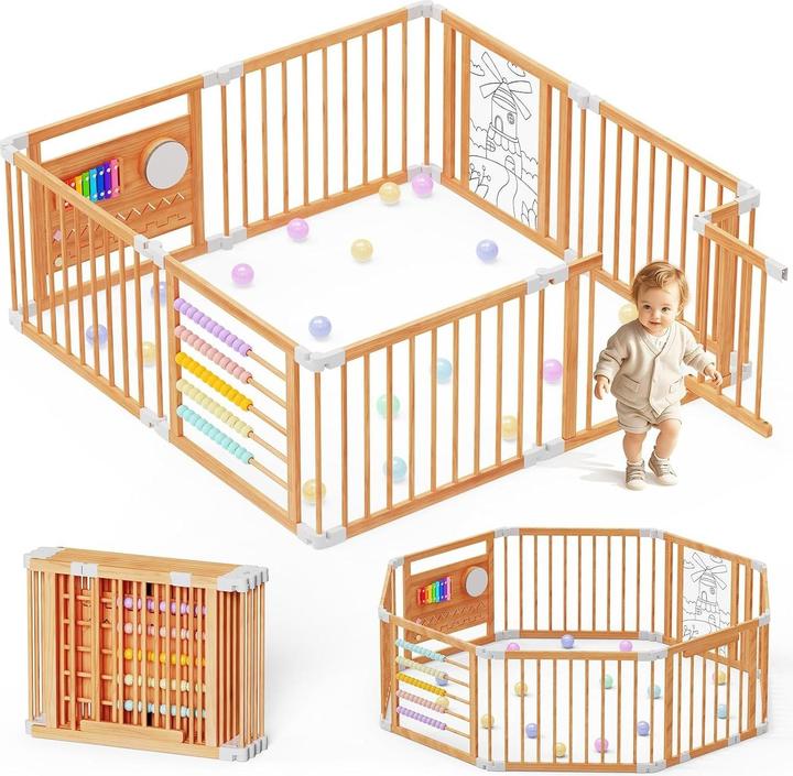 Milkii Laufstall Baby Holz mit Spielcenter – 160 x 160 x 61 cm