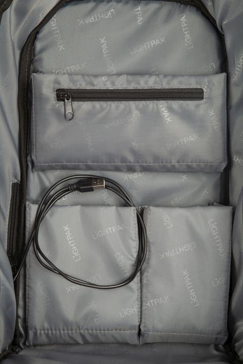 Actual product image Lightpak Backpack "SAFEPAK", with USB charging port, gray polyester, padded back, trolley strap