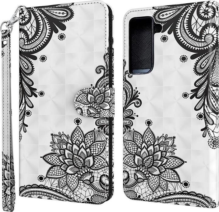 Actual product image Cover-Discount Galaxy S21 FE - case glitter effect flowers black (Samsung Galaxy S21 FE)