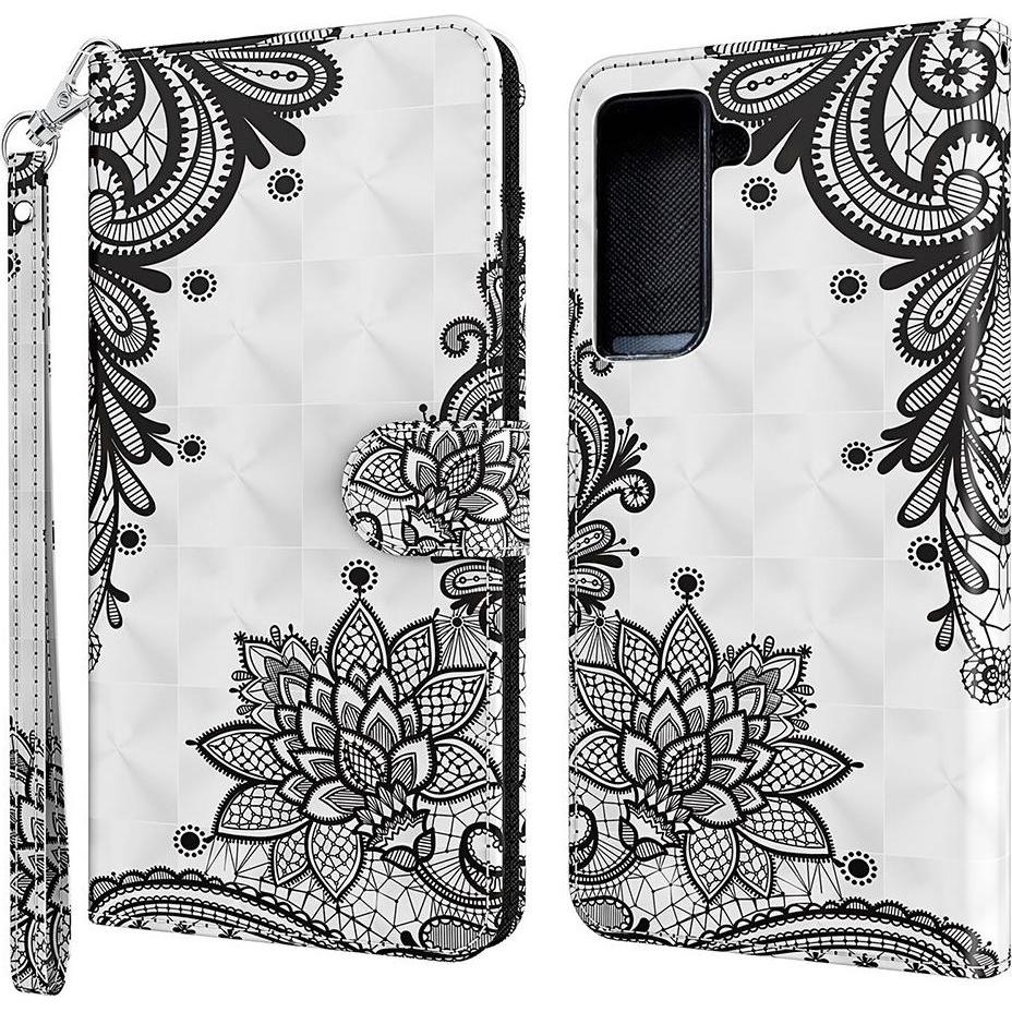 Cover-Discount Galaxy S21 FE - Etui Glitzer Effekt Blumen schwarz (Samsung Galaxy S21 FE), Smartphone Hülle, Schwarz