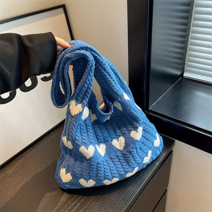 Only-Bags.Store Sac hobo minimaliste avec motif d'amour, sac à provisions tricoté, sac de vacances léger