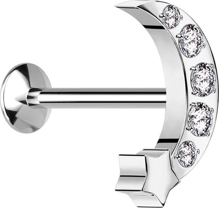 Produktbild Star Piercing Micro Threadless UFO Labret silber Mond mit Stern silber Kristalle silber (ohne Messing, Chirurgenstahl 316L)