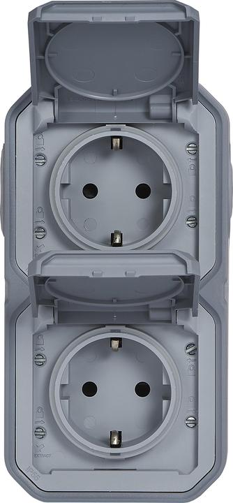 Produktbild Legrand Plexo NEW APWG 069744L Schuko Steckdose IP44 grau 2fach senkr.