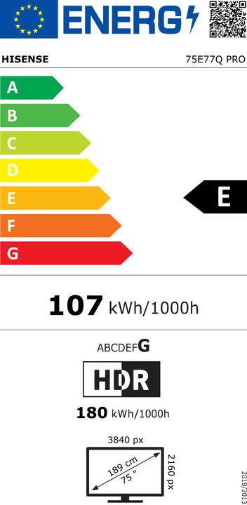Label énergétique Hisense TV 75E77Q PRO (75", QLED, DHU, 2025)
