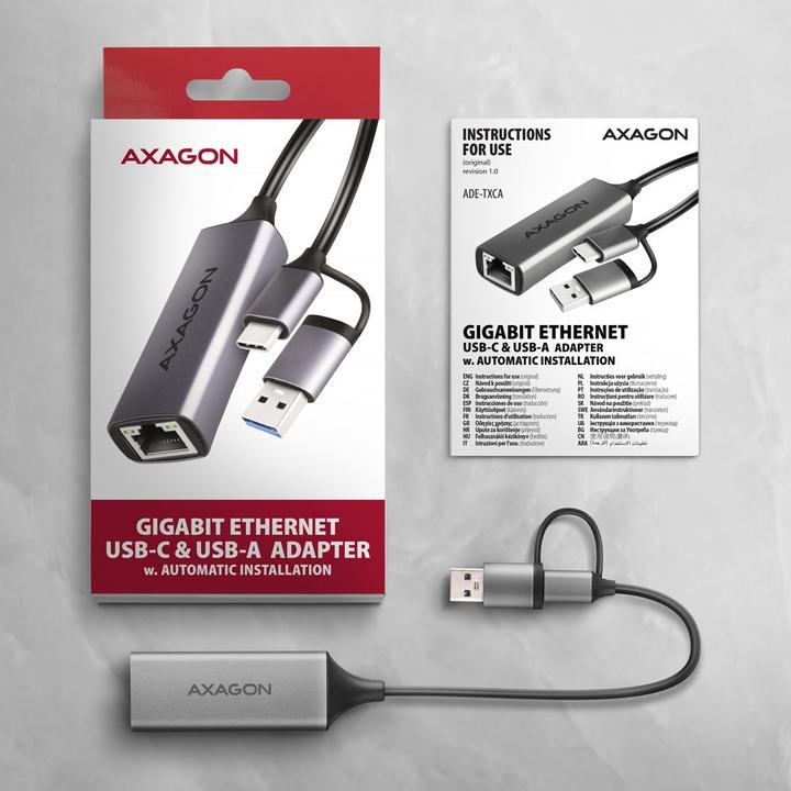Image du produit Axagon ADE-TXCA, USB-C + USB-A 3.2 Gen 1 - Gigabit Ethernet s????ov?? karta, Asix AX88179, auto instal (USB-C, USB, RJ45 (1x))