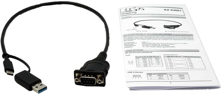 Actual product image Exsys USB 2.0 with C+A connector to 1S serial RS-232 port, LED indicator, 0.5 metre cable (0.50 m)