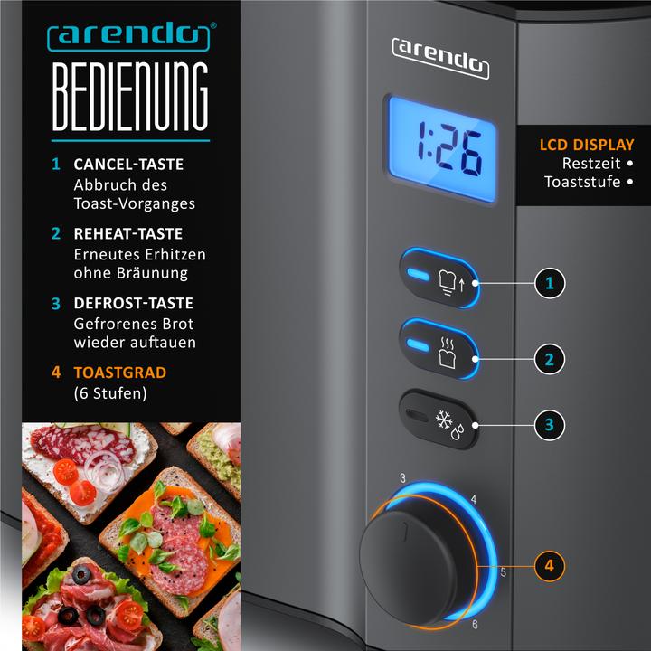 Produktbild Arendo Toaster Edelstahl 2 Scheiben Kurzschlitz, Brötchenaufsatz, Doppelwand, Display mit Restzeitanzeige