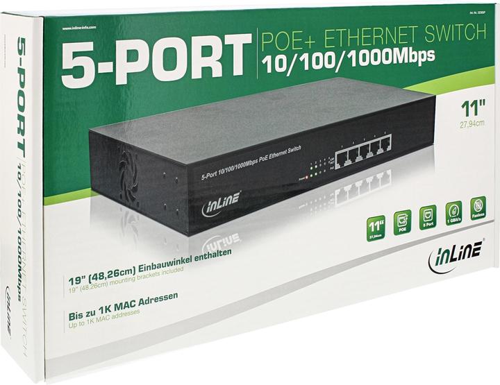 Produktbild InLine PoE+ Gigabit Netzwerk Switch 5 Port 4x PoE+ 11 Zoll inkl. 19 Zoll Winkeln luefterlos (5 Ports)