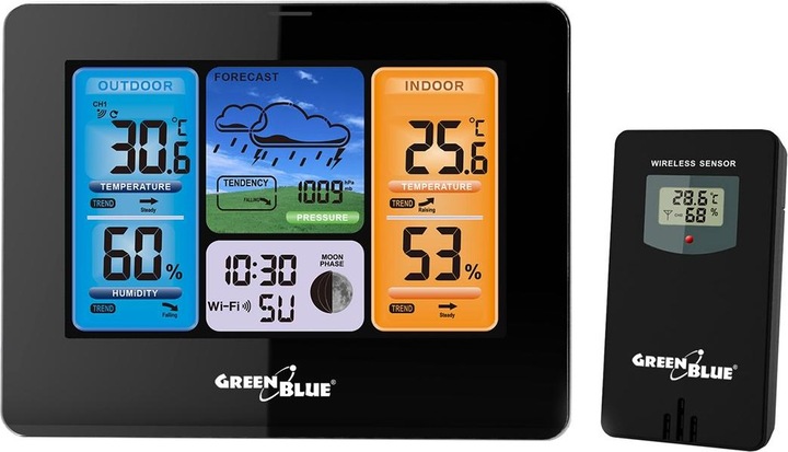 Productafbeelding Greenblue Weerstation Weersvoorspelling WiFi App TUYA Display 7 Talen Maanfase Display IPX4 GroenBlauw