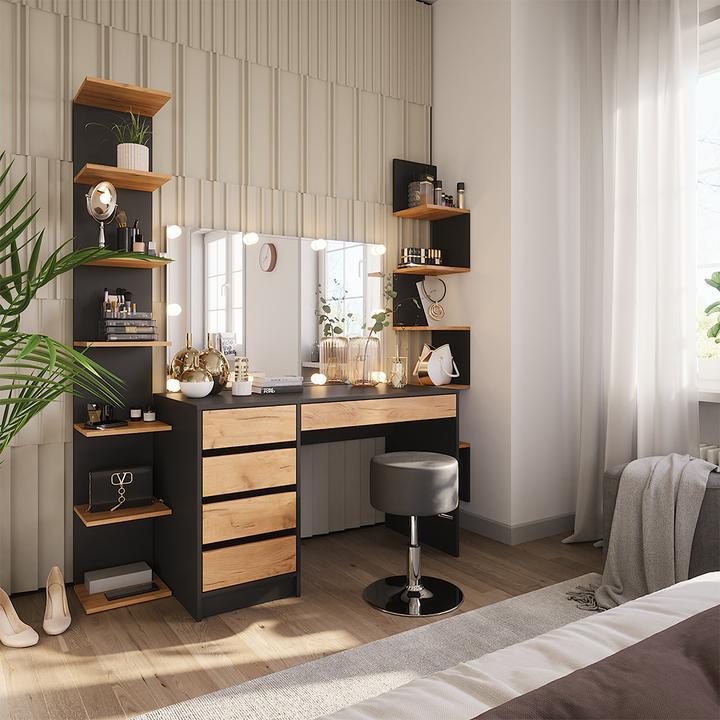 Actual product image Vicco Dressing table Sherry, Anthracite/golden oak, 120 x 75 cm with LED lighting and stool (120 x 75 x 55 cm)