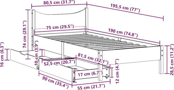 Immagine prodotto vidaXL Letto con cassetti in pino (180 x 200 cm)