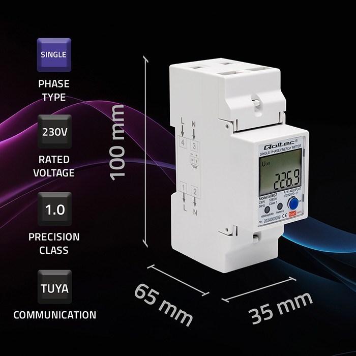 Produktbild Qoltec 50882 Single phase electronic energy consumption meter for DIN rail | Wi-Fi | TUYA | 230V | L