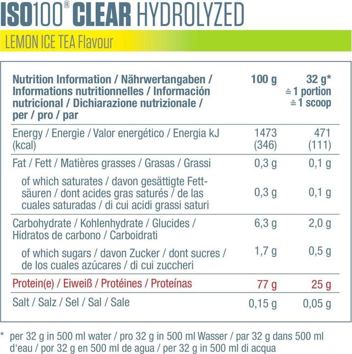 Nährwerte und Zutaten Dymatize DYMISO100HydClearLemonIceTea512g (512 g, 1x, Ice Tea, Zitrone)