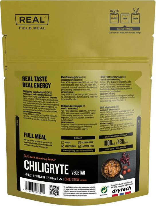 Nutritional values and ingredients REAL Main course chilli stew (136 g)