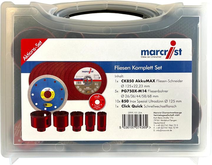 Produktbild Marcrist Fliesen Komplett Set 125 mm + 1x Fliesenschneider + 5x Fliesenbohrer + 10x Inox