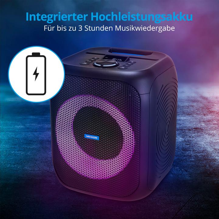 Produktbild Medion LIFE® S61991 Partylautsprecher, tragbares Bluetooth®-Soundsystem. Bluetooth® 5.0 für kabellose Musik (3 h, Akkubetrieb, Netzbetrieb)