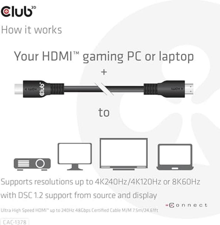 Produktbild Club 3D Club3D HDMI-Kabel A -> A 2.1 Ultra High Speed 8K60Hz 7,5m retail (7.50 m, HDMI, 2.1)