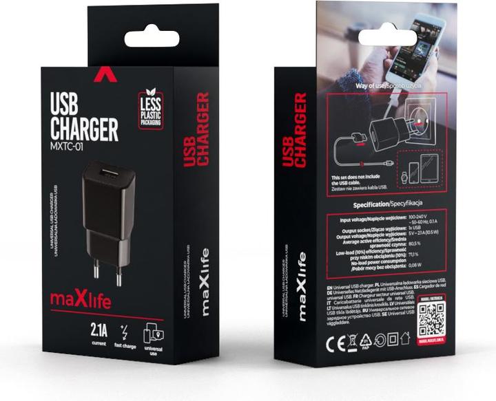 Produktbild Maxlife MXTC-01 Ladegerät 1x USB 2.1A schwarz (10.50 W, 1 Port)