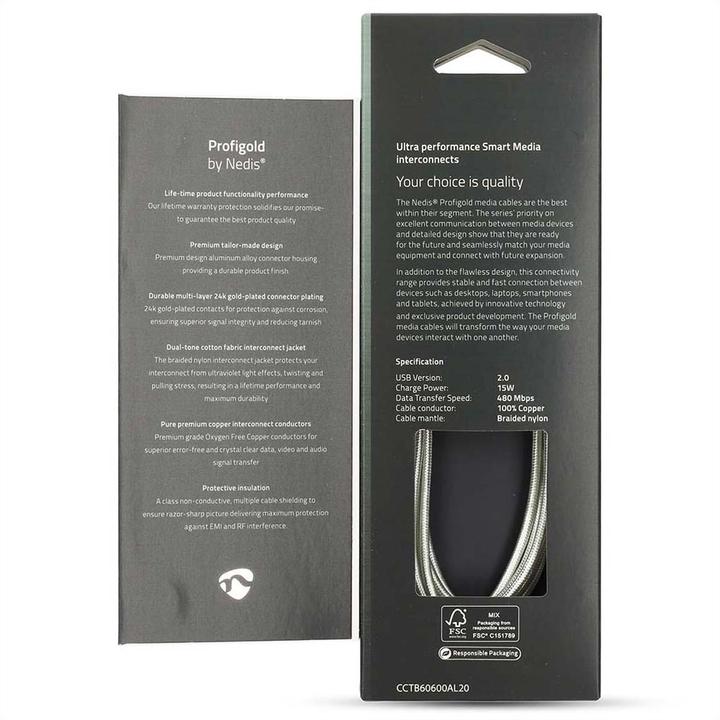 Image du produit Nedis Câble USB - USB 2.0 - A mâle - Type-C ™ - 480 Mbps - 10 W - plaqué or - 2 m - rond - Geflo (2 m, USB 2.0, 15 W)