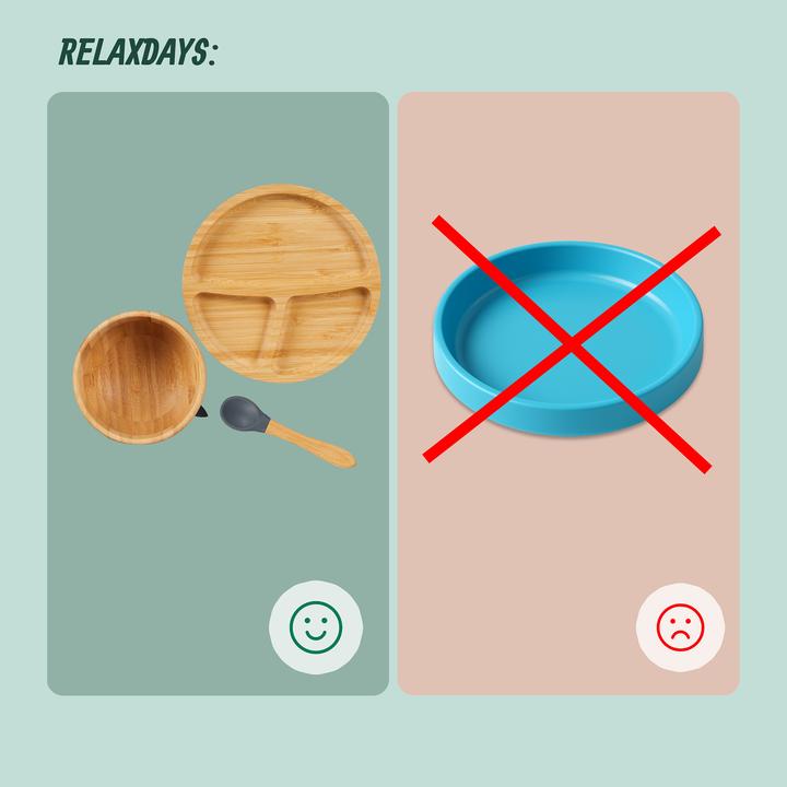 Actual product image Relaxdays - 3-teiliges Kindergeschirr Bambus, Hellbraun/ Grau, 3 x 18 cm