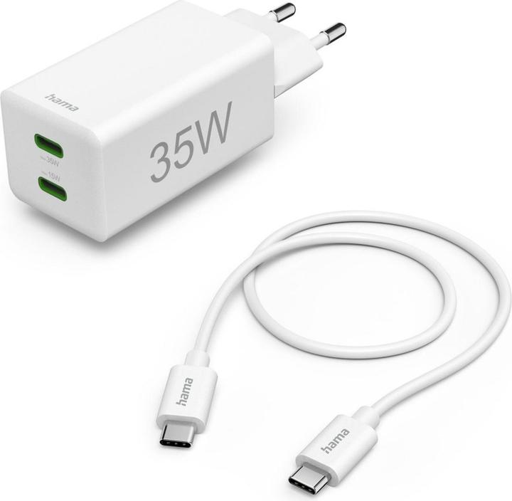 Image du produit Hama Chargeur rapide + câble, 2x USB-C, PD/QC, mini-chargeur, 35W, 1 m, blanc (35 W, 2 ports)