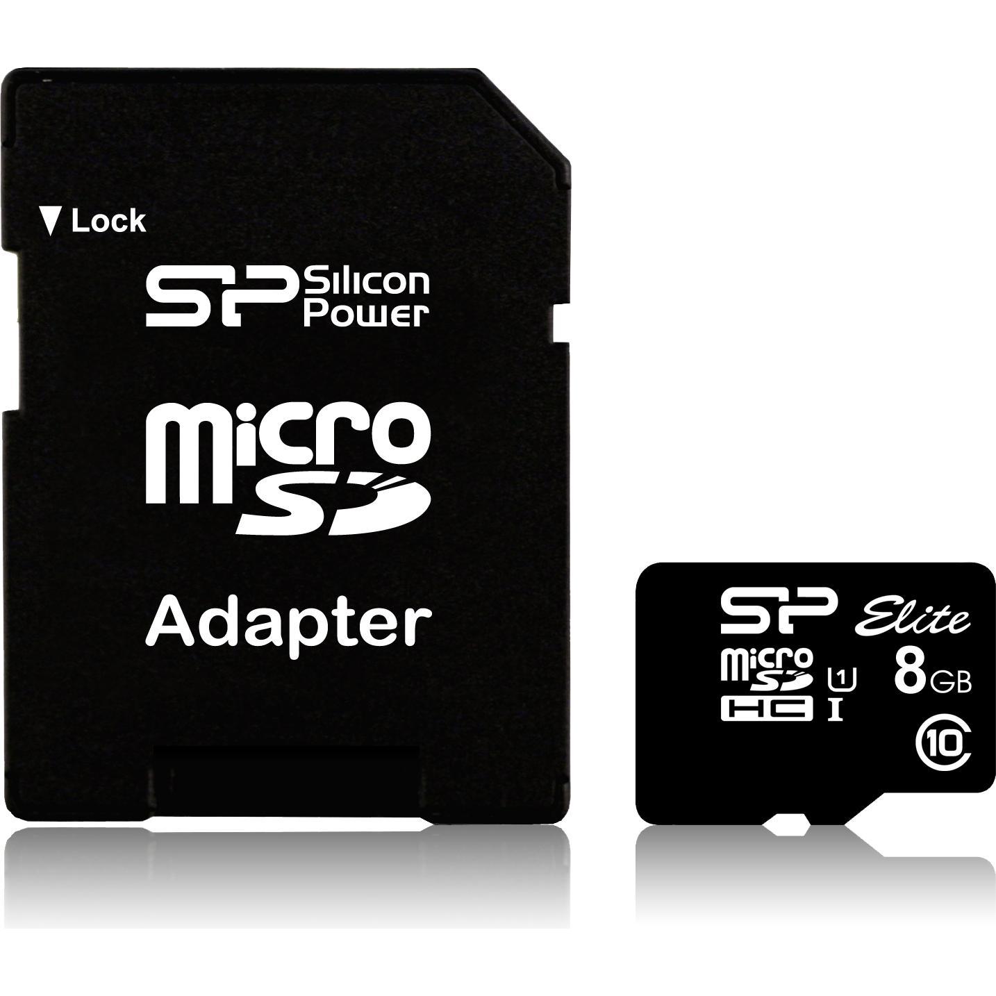 Silicon Power Elite UHS-I 8GB microSDHC Ad. (8 GB, microSDHC, U1, UHS-I), Speicherkarte, Schwarz