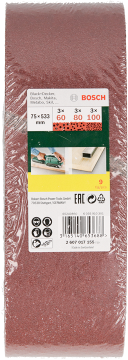 Actual product image Bosch Zubehör Sanding belt set for belt sander, 9 pieces, 75 x 533 mm, grit 60, 80, 100 (60, 80, 100)