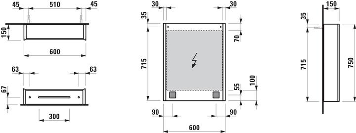 Actual product image Laufen Running Frame 25 mirror cabinet, lighting vertical, ambience light, 750x600, stop right (66 x 15 x 75 cm)