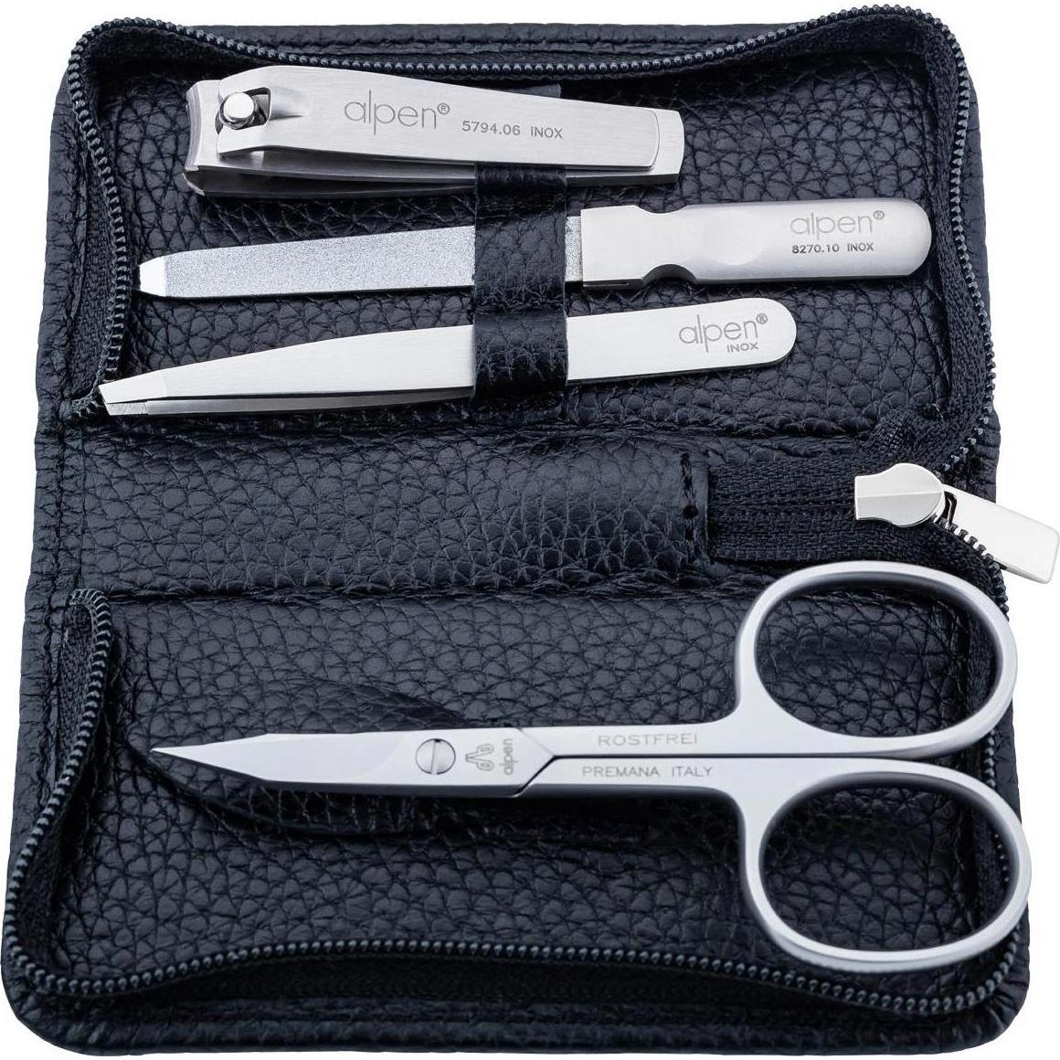 Alpen, Nagelpflegegerät, Maniküre-Set 4-teilig, rostfrei, Lederetui