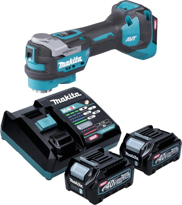 1x Makita TM 001 GZ outil multifonctionnel sans fil, 1x Makita DC 40 RA 40 V Chargeur rapide, 2x Makita BL 4025 batterie 40 V 2.5 Ah XGT Li-Ion batterie