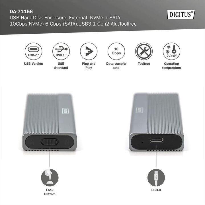 Immagine prodotto Digitus Alloggiamento per disco rigido USB M.2, SSD, esterno, NVMe + SATA, 10 Gbps (NVMe) 6 Gbps (SATA), USB (M.2 2280, M.2 2230, M.2 2260, M.2 2242)