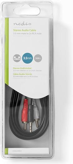Actual product image Nedis Stereo Audio Cable 3.5 mm Male 2X RCA Male Nickel Plated 3.00 m Round Black Box (3 m, 3.5mm jack (AUX))