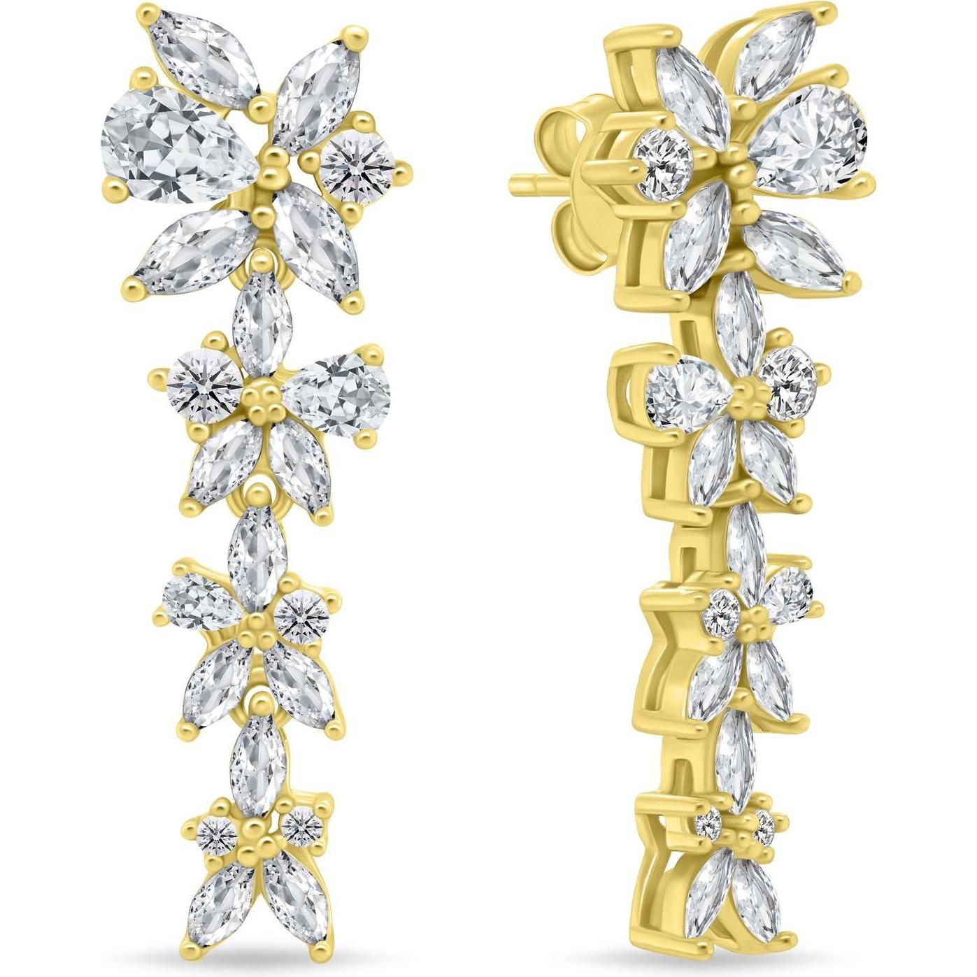 Brilio Colori Oro Orecchini, Silver - Gold-Plated Dangle Earrings With Clear Zircons Flowers Ea1159y