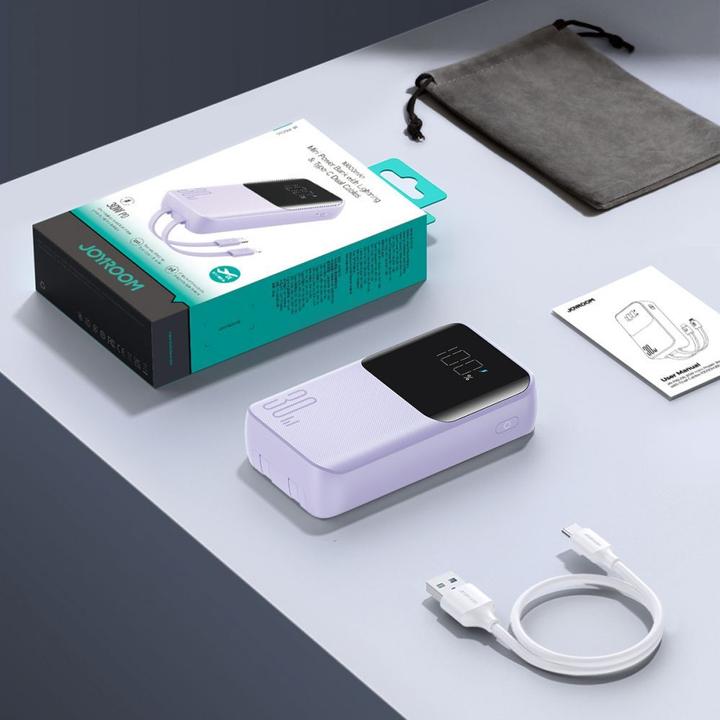 Productafbeelding Joyroom 30W 20000mAh mini Power Bank met ingebouwde kabels, Lightning & USB-C - Paars (20000 mAh, 30 W, 77 Wh)