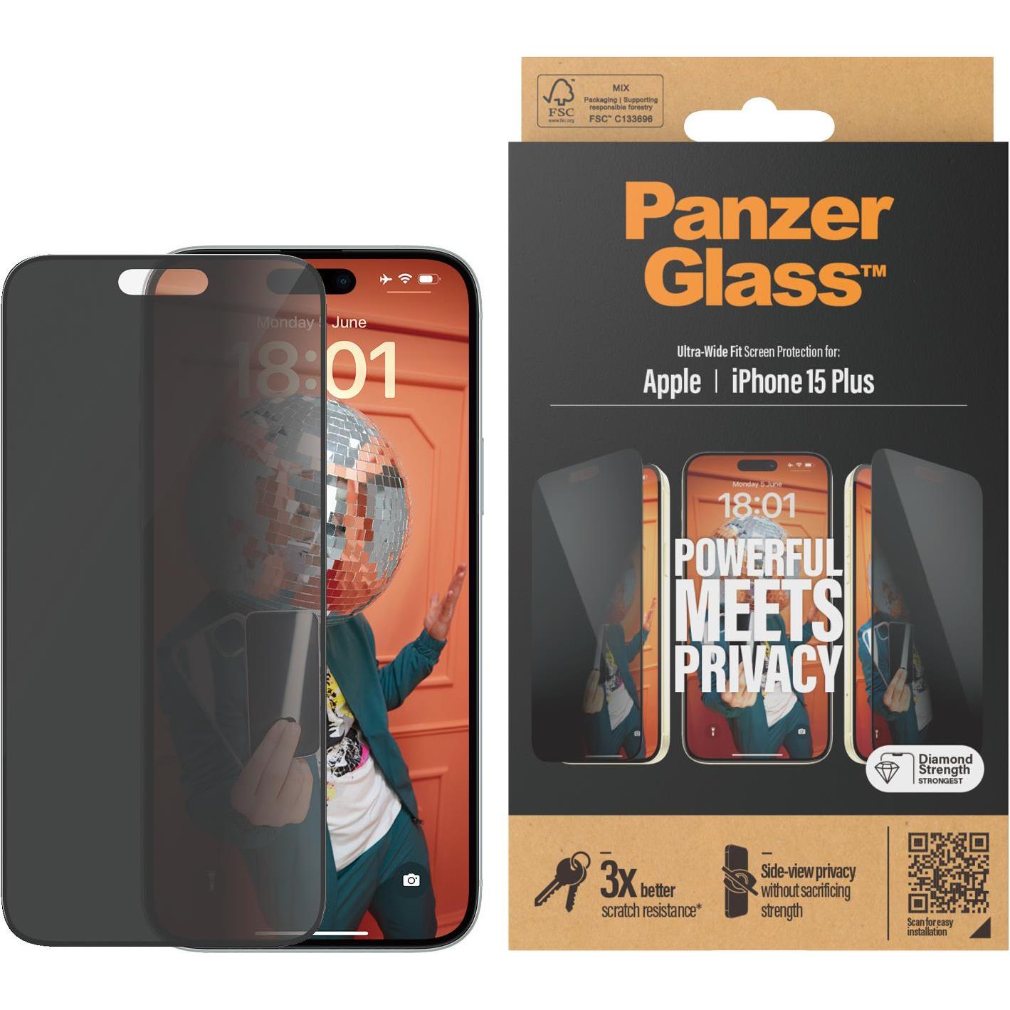 PanzerGlass Privacy Screen Protector iPhone 2023 6.7 Ultra-Wide Fit (1 Stück, Apple iPhone 15 Plus), Smartphone Schutzfo...
