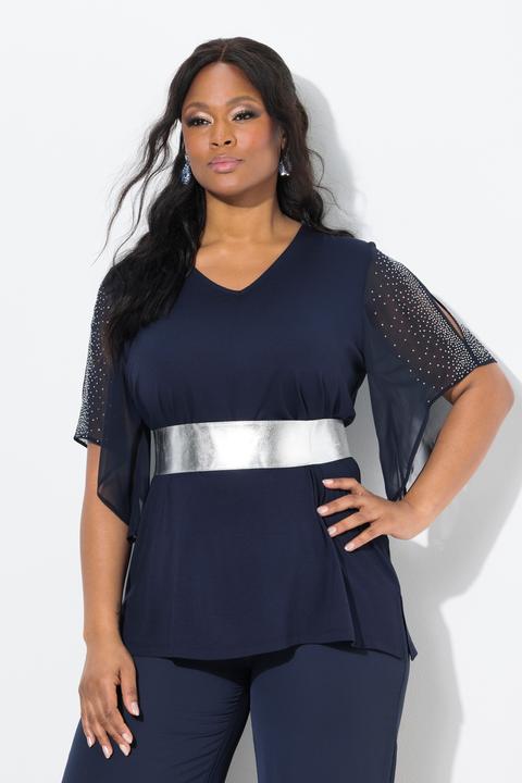 Image du produit Ulla Popken Blouses avec pierres fantaisies, décolleté en V et manches 3/4 en mousseline, coupe évasée (50, 52)