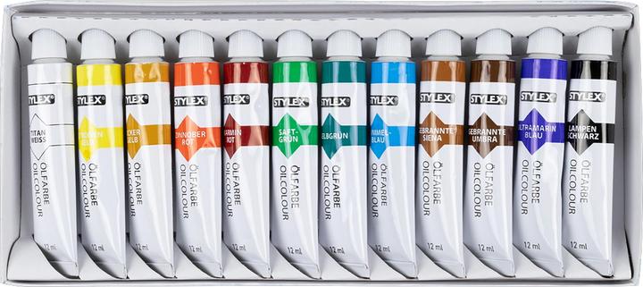 Productafbeelding Stylex Olieverf 12ml 12 tubes (Wit, Oranje, Geel, Groen, Blauw, Zwart, Rood, Bruin, 12 ml)