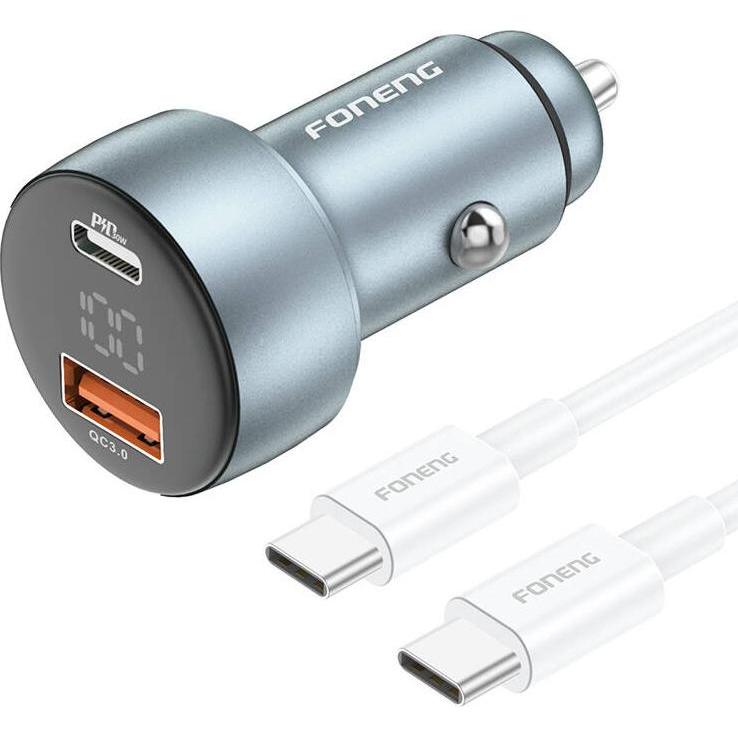 Foneng C18 1xUSB-A, 1xUSB-C 2.4A 48W car charger (grey) + USB-C to USB-C cable, Auto Adapter, Grau