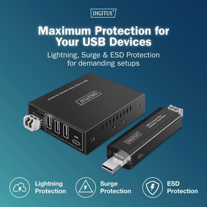 Produktbild Digitus USB 3.2 Gen1 Fiber Extender, 5 Gbps, 4 Ports: 3x USB-A / 1x USB-C, 300m