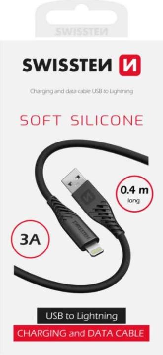 Actual product image Swissten Data Cable Soft Silicone USB-A / Lightning 0,4 M Black (0.40 m, USB 3.2 Gen 1, 60 W)