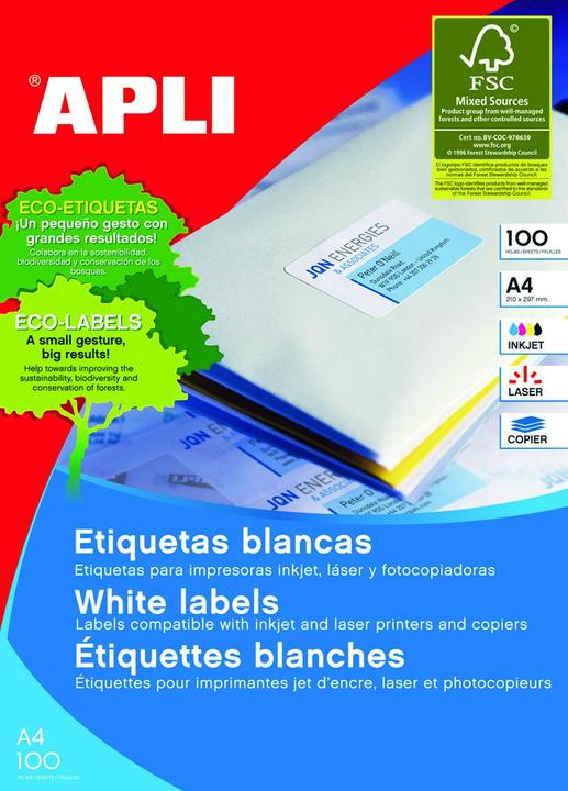 Immagine prodotto Apli Etichette universali, 70x37mm, rettangolari, bianche, 100 fogli.