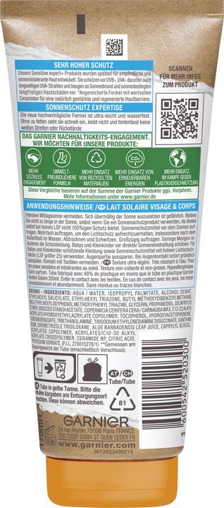 Actual product image Garnier Sensitive Advanced SPF50+ lait (SPF 50+, 175 ml)