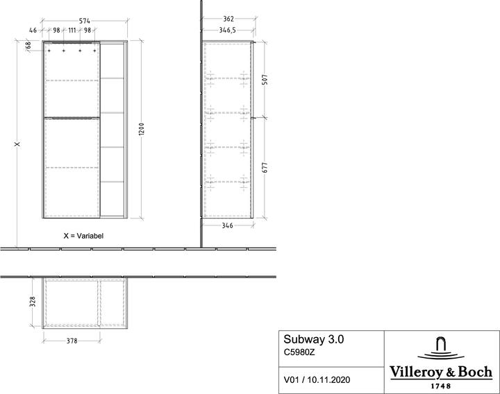 Produktbild Villeroy & Boch Subway 3.0, Mittelschrank, 2 Türen Anschlag (Scharnier) links, C59801