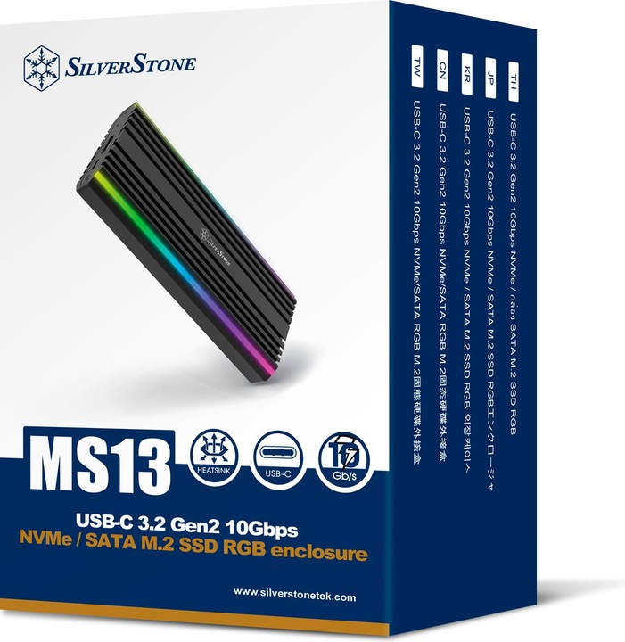 Image du produit Silverstone Technology SST-MS13 - Boîtier USB-C 3.2-Gen2-10 Gbps NVMe / SATA M.2 SSD RGB, 71175, Sc (M.2 2230)