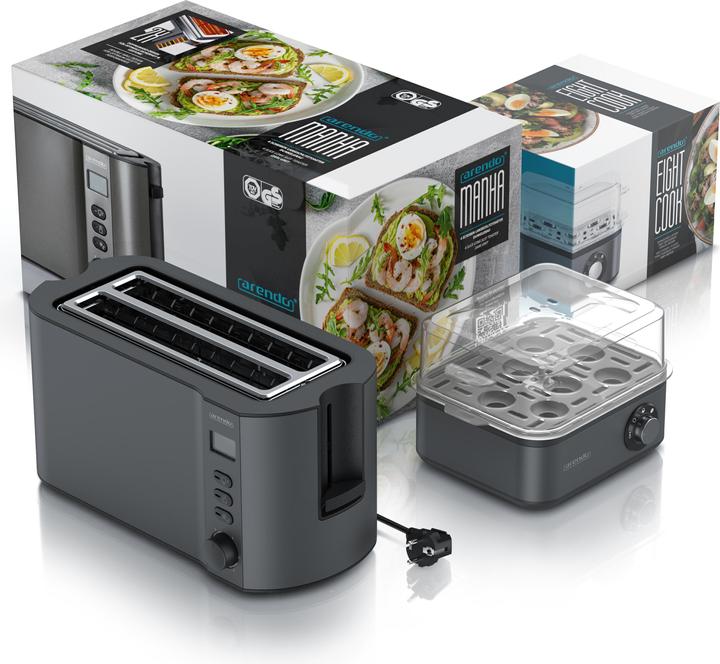 Produktbild Arendo Frühstücks Set, 4-Scheiben Langschlitz Toaster mit Brötchenaufsatz & Eierkocher für 8 Eier, Grau