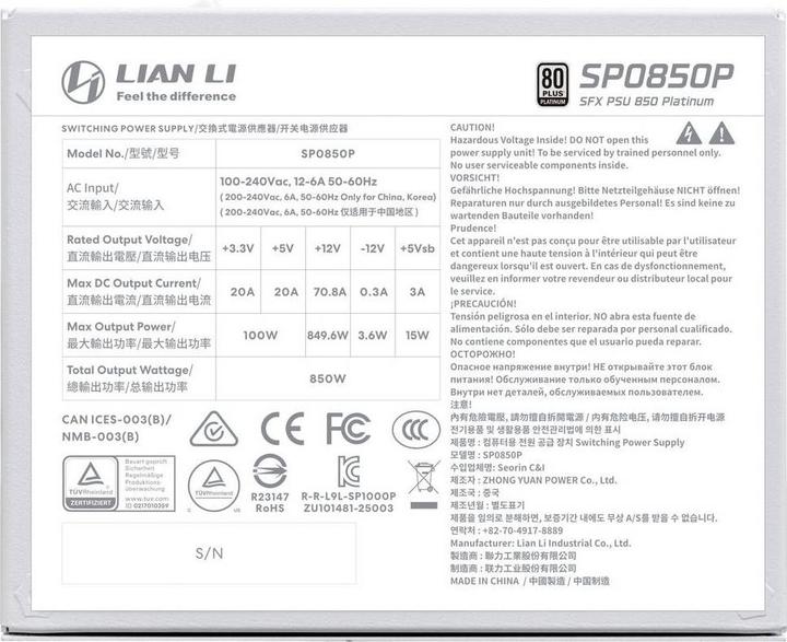 Actual product image Lian-Li SP Series Platinum 80 PLUS Platinum power supply, SFX, fully modular, PCIe 5.1, ATX 3.1 - 850 watts (850 W)