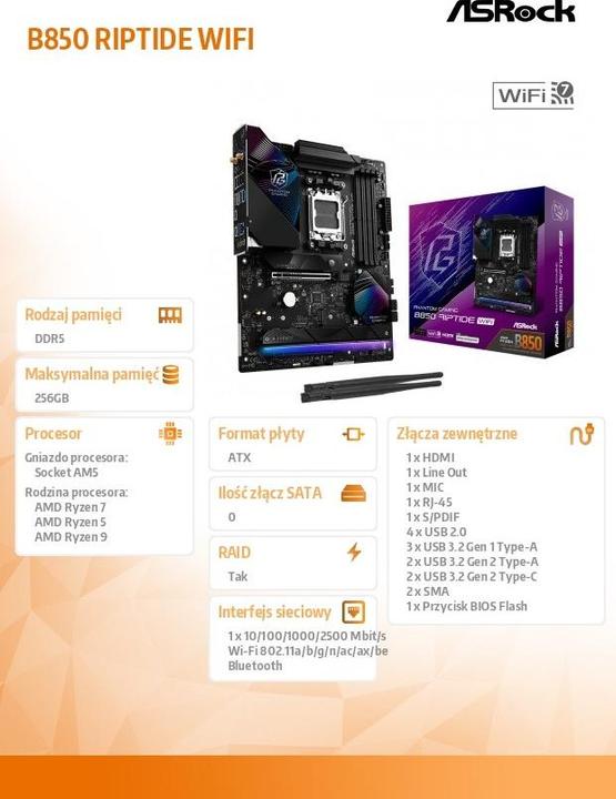 Actual product image AsRock Phantom Gaming B850 Riptide WiFi (AM5, AMD B850, ATX)