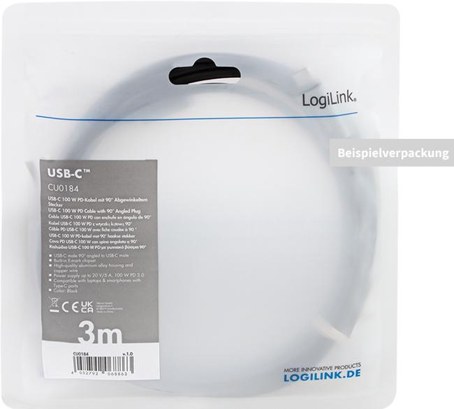 Produktbild LogiLink USB 2.0 Type-C-Kabel, C/M 90° zu USB-C/M, E-mark, PD, schwarz, 1 m (1 m, USB 2.0, 100 W)