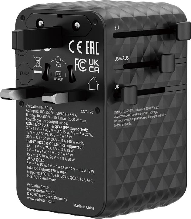 Productafbeelding Verbatim Charge 'N' Travel 170w Universal Travel Adapter Black