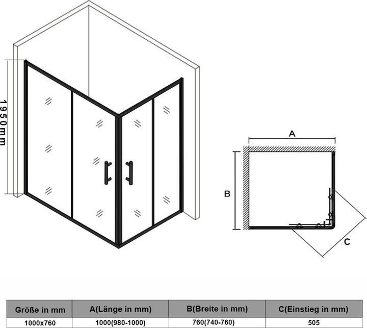 Actual product image SONNI Duschtür 80 x 80 cm schwarz Eckeinstieg Duschkabine Sicherheitsglas Schiebetür Eckdusche Dusch (120 cm, 195 cm)